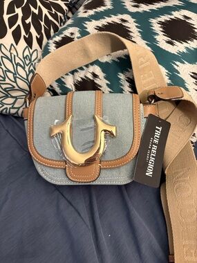 True Religion Light Blue Denim Crossbody with Tan Trim & Gold Hardware